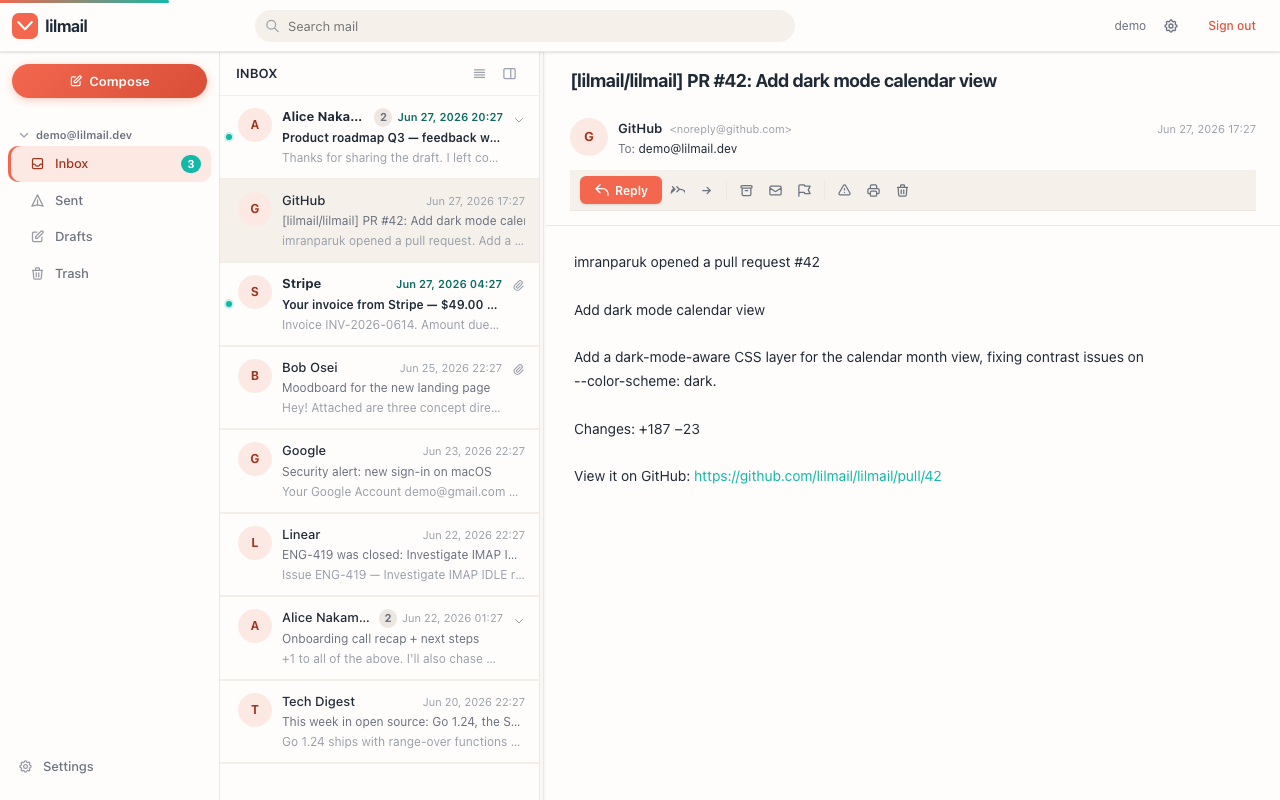 lilmail three-pane reading view